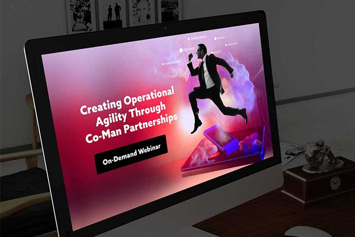 Open laptop with man jumping agility through data cloud with text onscreen,